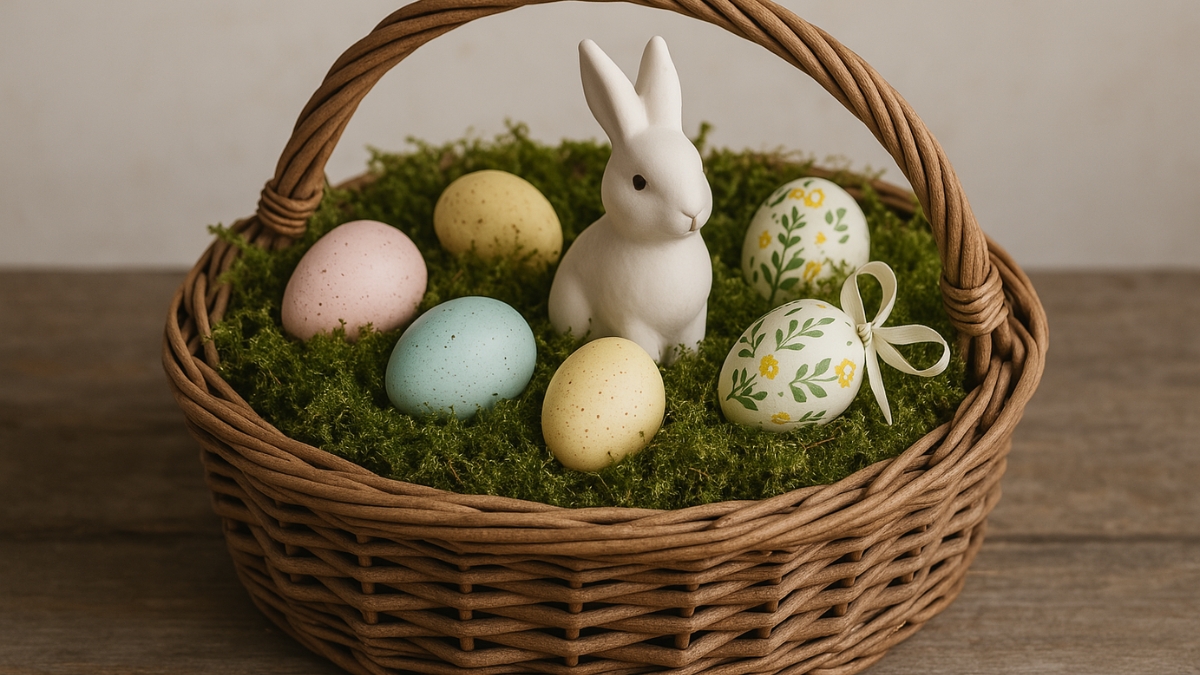 Wicker Easter basket with moss, pastel eggs, and a white bunny figurine on a wooden surface.