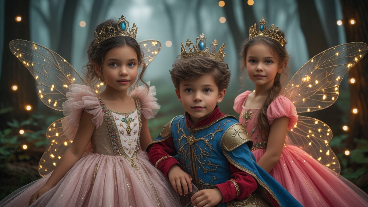 Three children dressed as fairy princesses and a prince pose in a magical forest with glowing wings and crowns.