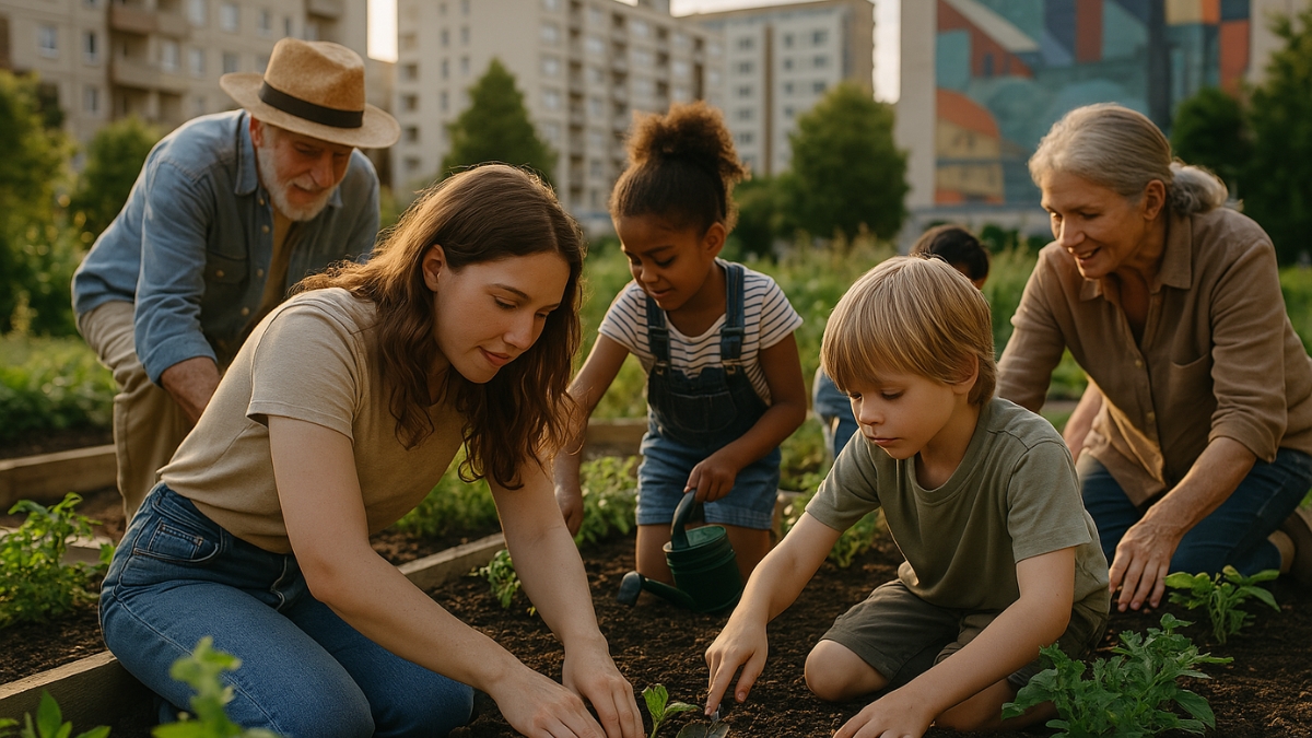 Adults and children plant vegetables together in a raised bed garden surrounded by city buildings and greenery.