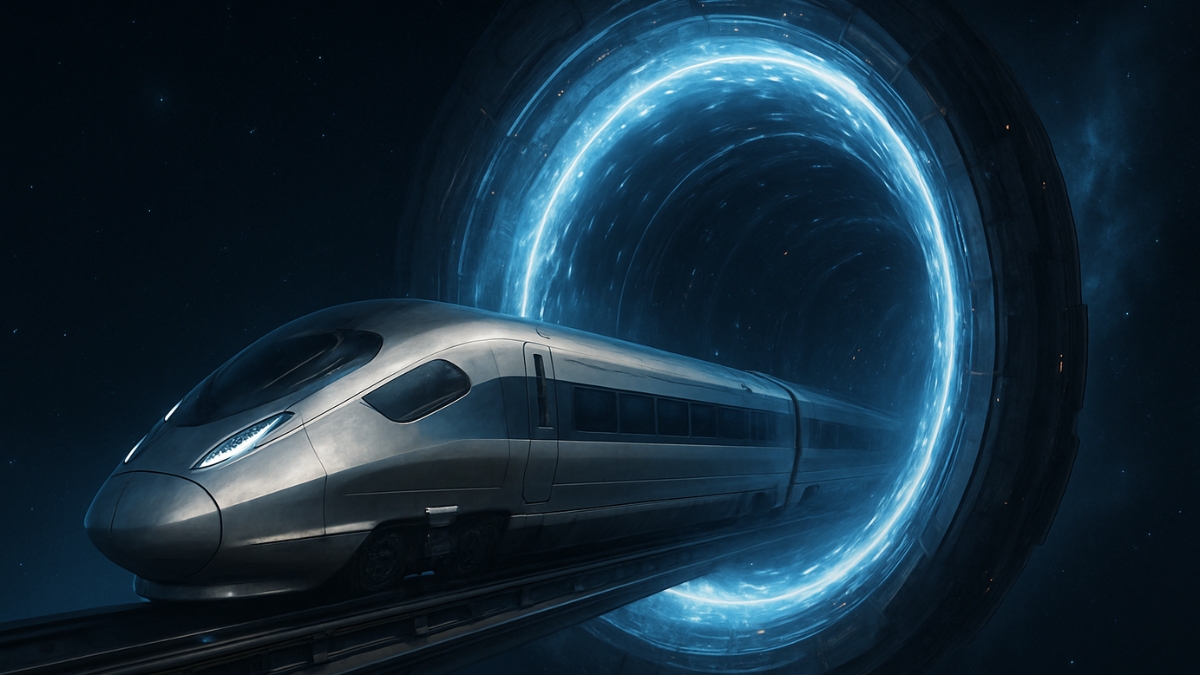A sleek bullet train speeds toward a glowing blue portal in deep outer space.