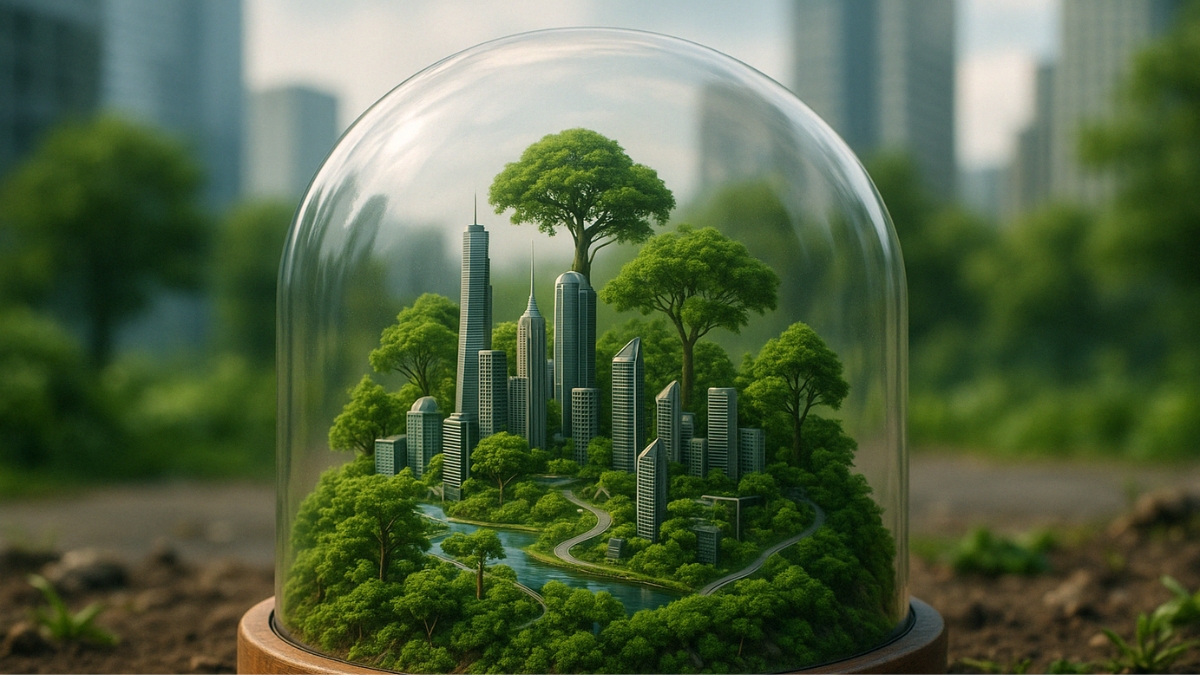 A miniature city with skyscrapers and trees enclosed in a glass dome, placed on soil outdoors.