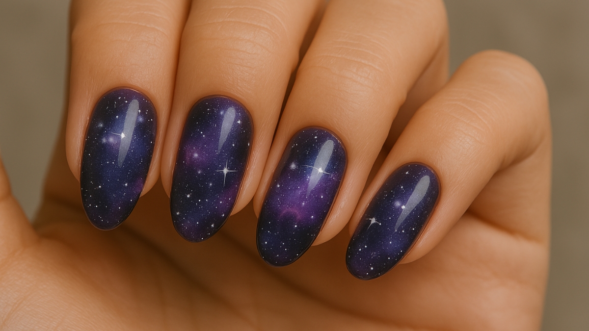 Close-up of hand with galaxy-themed nail art featuring purple nebula and star details.