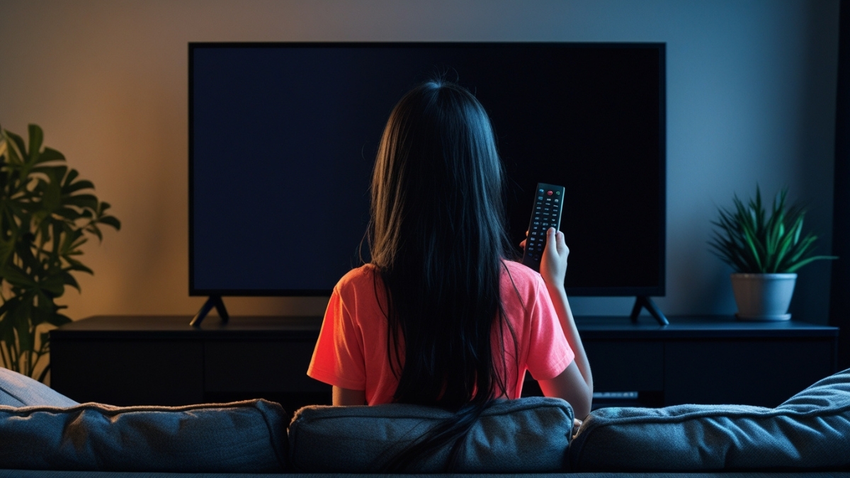 Girl with long hair sits on a sofa pointing remote at blank TV.