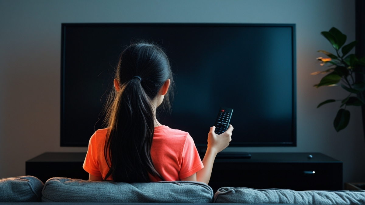 Girl with ponytail sits on sofa holding remote toward blank TV.