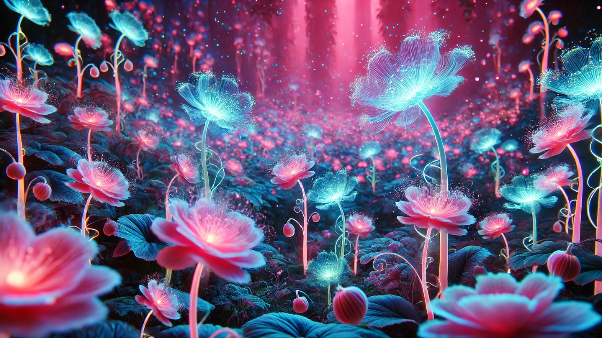 Blue and pink glowing flowers with soft light pulses fill a fantasy forest floor under ethereal magenta light