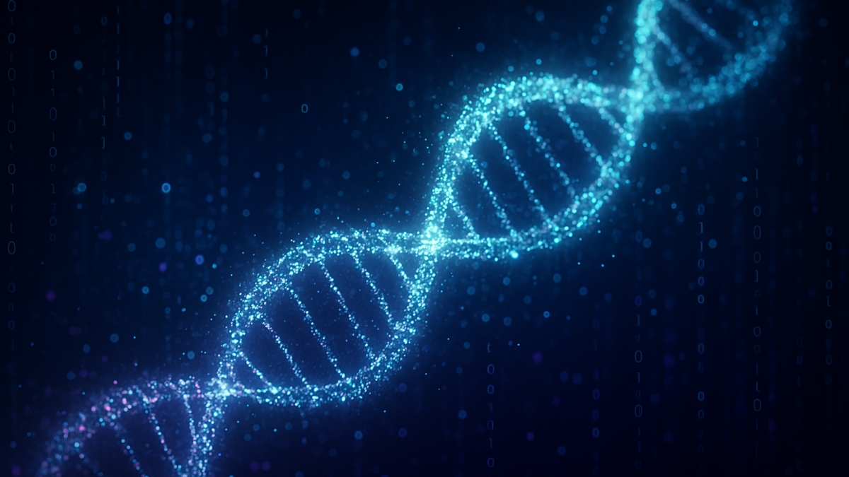 A glowing blue DNA double helix made of digital particles, surrounded by binary code on a dark background.