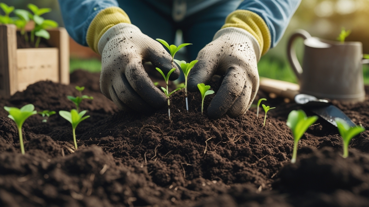 Gloved hands carefully planting young green seedlings into rich, dark soil in a garden.