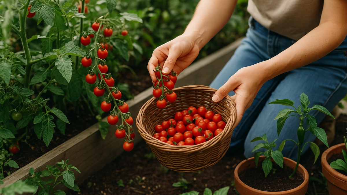 A person picks cherry tomatoes and places them in a wicker basket while kneeling beside a raised garden bed.