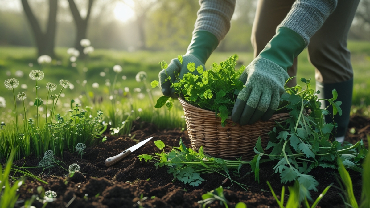A person with green gloves gathers fresh herbs into a wicker basket on rich garden soil in a sunlit meadow.