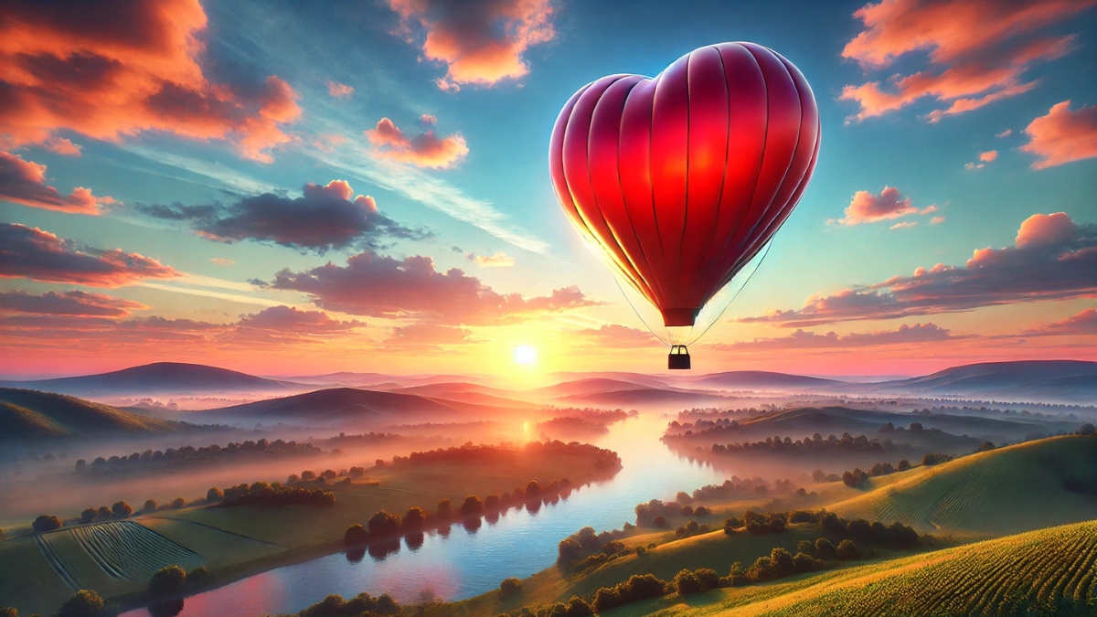A red heart-shaped hot air balloon floats over a river valley at sunrise with misty hills and colorful clouds.