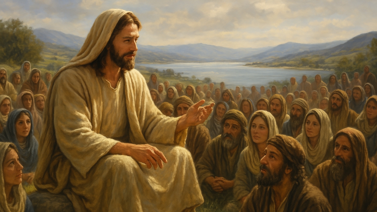 Jesus sits among followers near a lake, teaching a large group of men and women gathered to hear his words.
