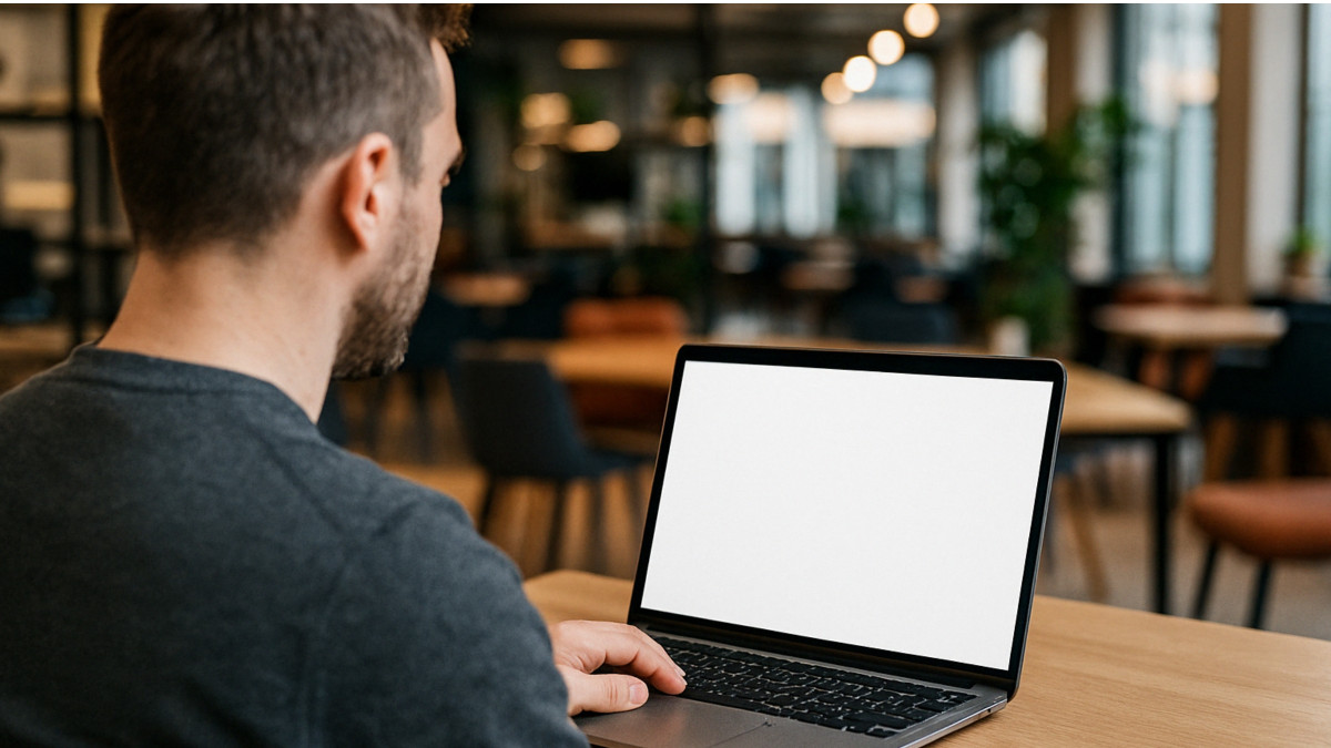 Mockup of a blank laptop screen in use by a man seated at a wooden desk in a spacious coworking space.