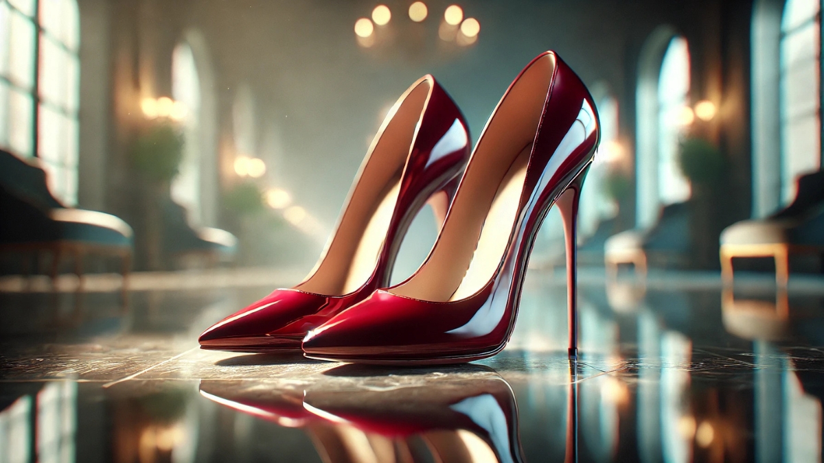 Elegant pair of glossy deep red high-heeled stiletto pumps placed on reflective marble flooring in a luxurious interior.