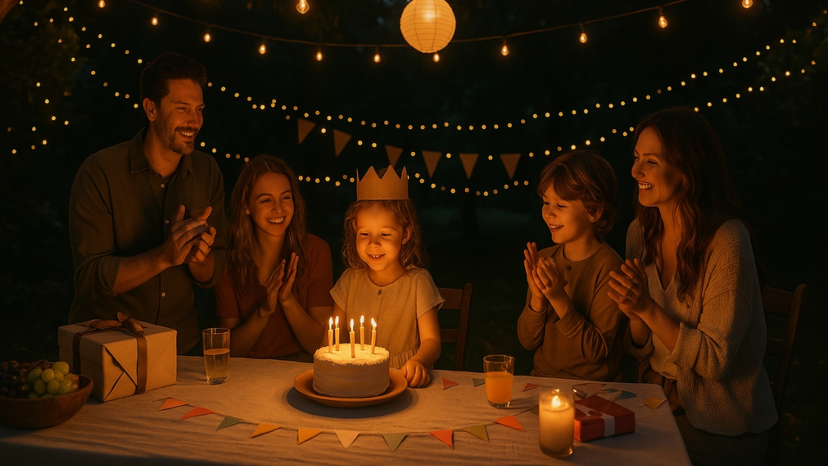 A girl in a crown celebrates her birthday at night with a candlelit cake, surrounded by family and warm string lights