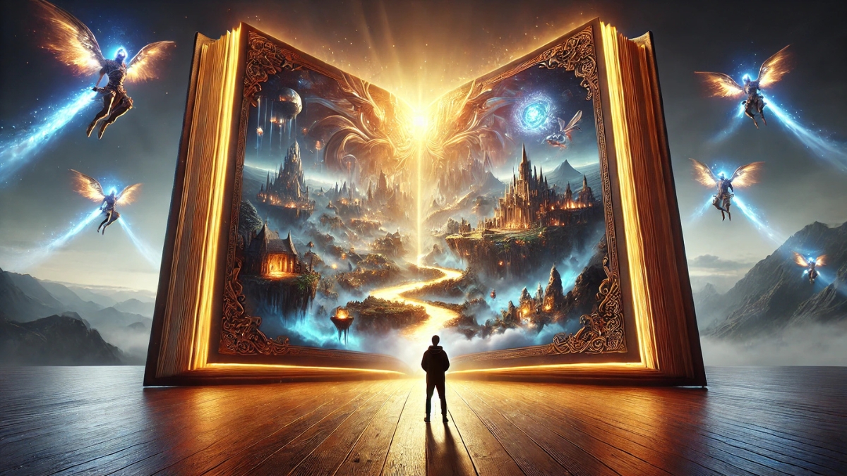 A man stands before a giant open book glowing with golden light and surrounded by flying angels over a fantasy landscape.