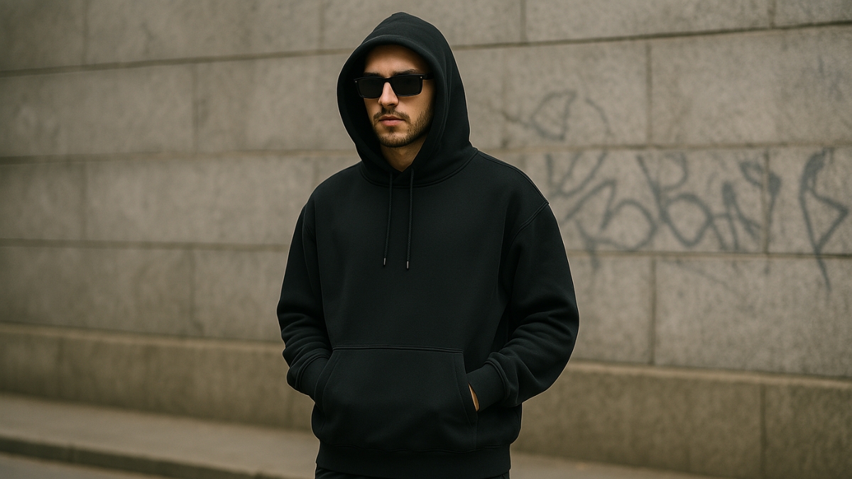 Man wearing a black hoodie and sunglasses stands against a graffiti-marked concrete wall on a quiet city street.