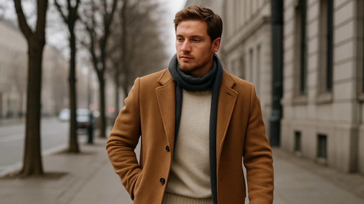Man in a camel coat and dark scarf walks along a quiet city street lined with trees and buildings on a cold day.