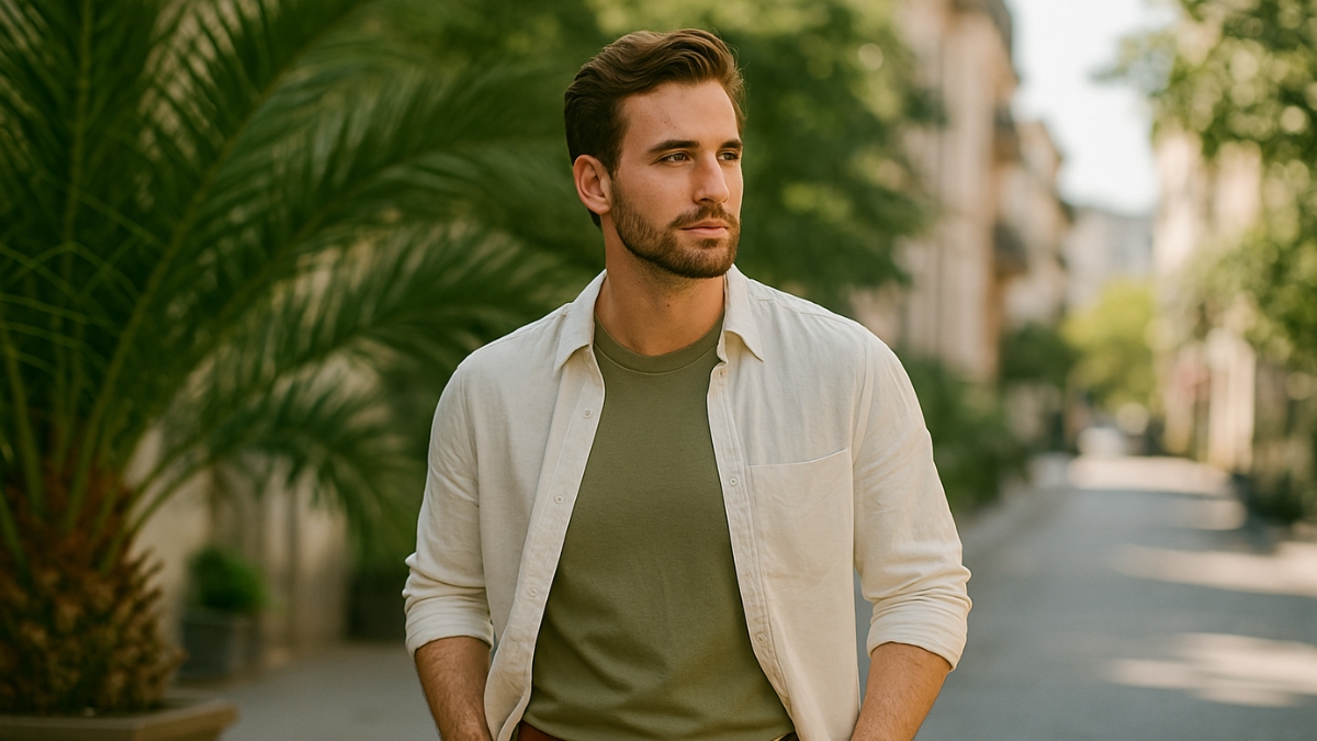 Man wearing a light button-up shirt over an olive t-shirt walking down a sunlit street
