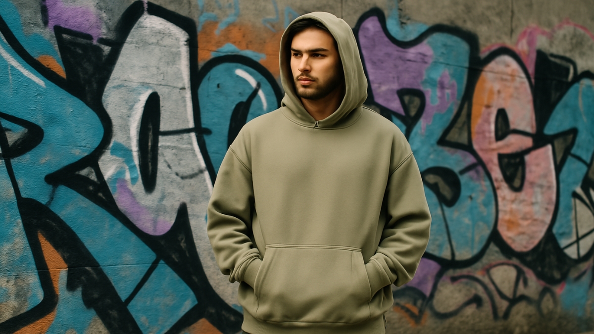 Young man in olive hoodie stands in front of colorful graffiti-covered wall, hands in pockets, looking to the side.