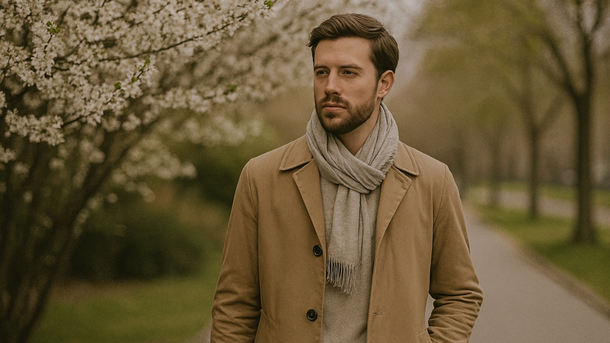 Man in beige coat and scarf walking along a park path beside blooming white trees on an overcast day