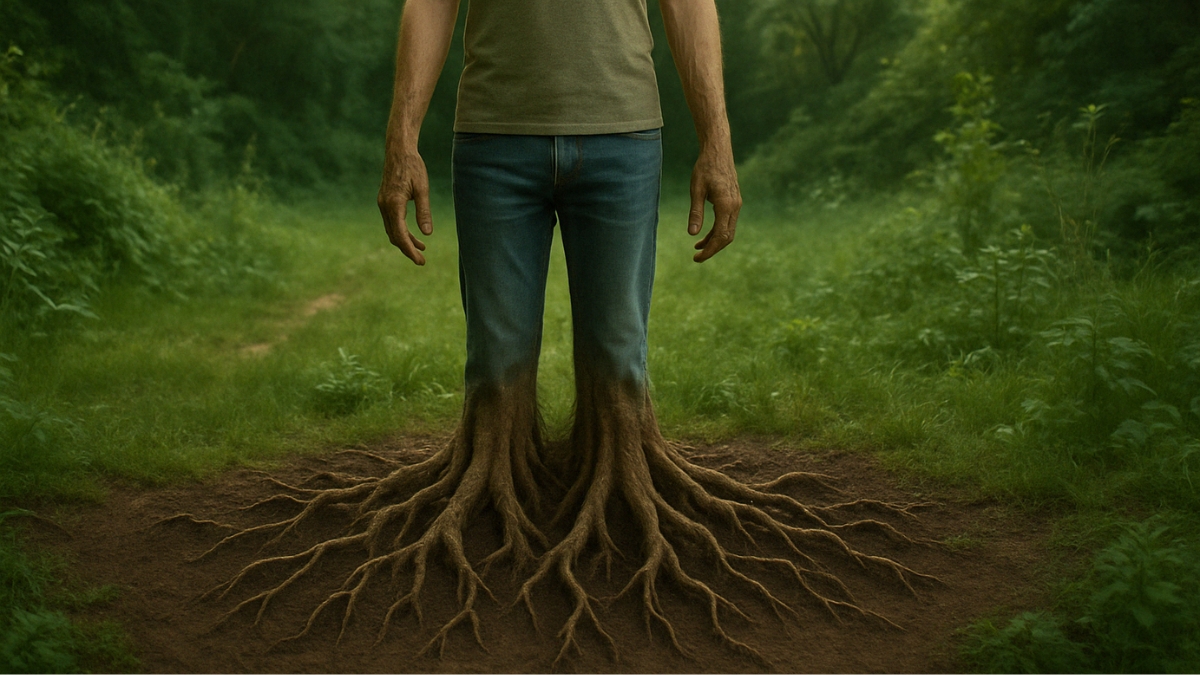 A man standing on a forest path with large tree roots growing from his legs into the ground.