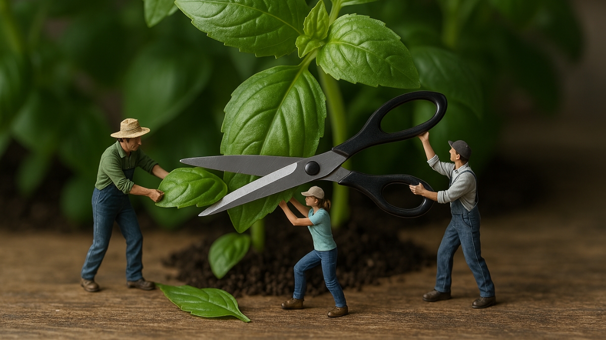 Tiny farmers cut a basil leaf with a large pair of scissors while working together around a lush green basil plant.