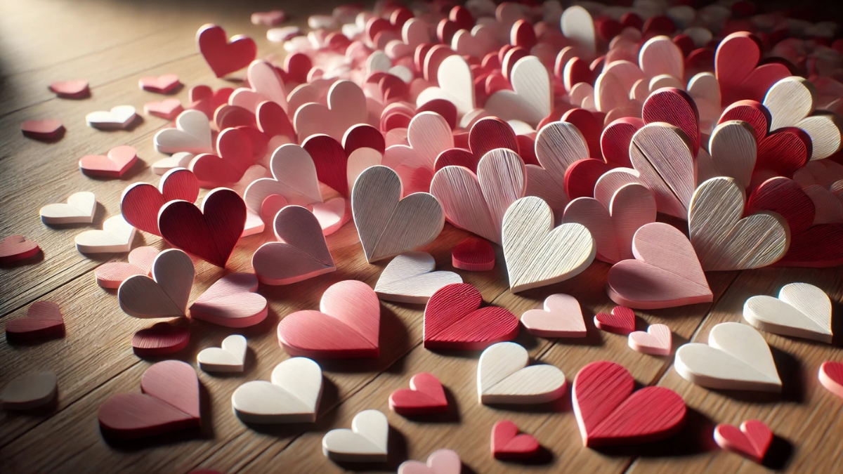 Dozens of red, pink, and white paper hearts scattered across a wooden floor in warm light.