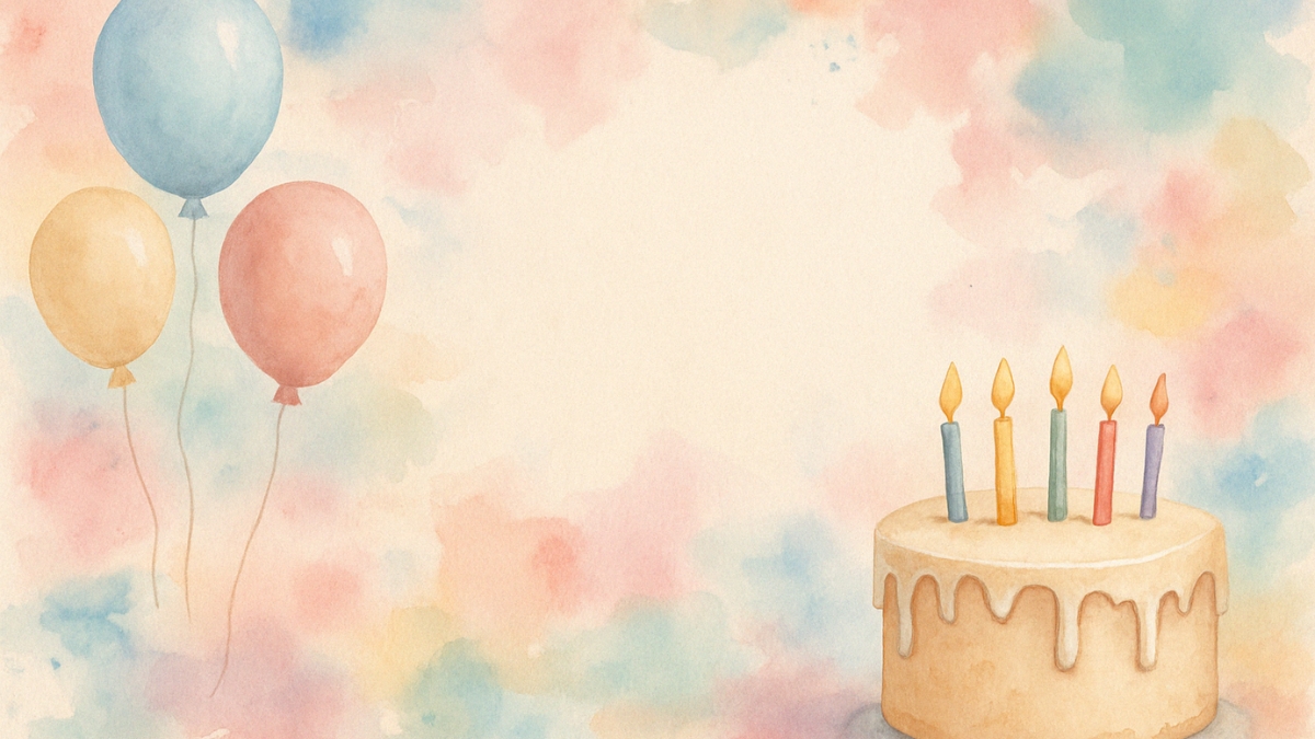 Three pastel balloons and a birthday cake with five colorful lit candles on a soft watercolor background.