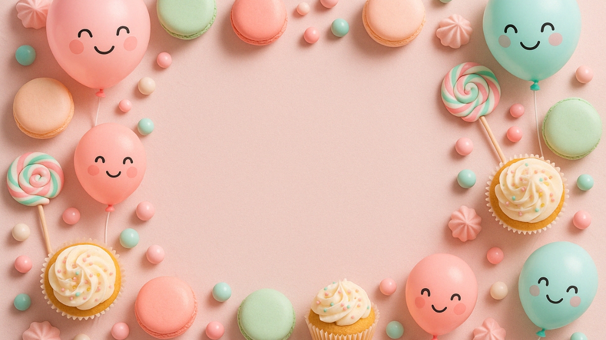 Colorful pastel balloons, cupcakes, macarons, candies, and lollipops arranged in a cheerful flat lay frame on pink background.