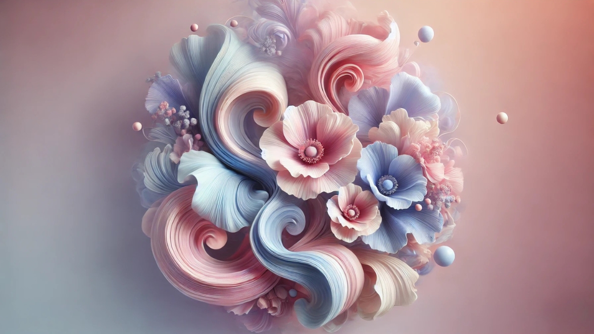 Delicate pastel petals swirl in soft shades of pink, blue, and lavender with sculpted floral textures.