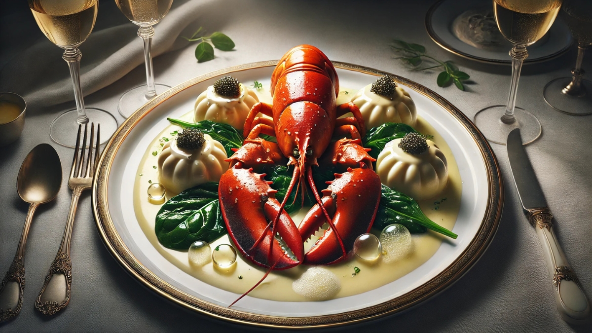 Whole poached lobster with caviar-topped custards, spinach, and beurre blanc sauce on a white plate.