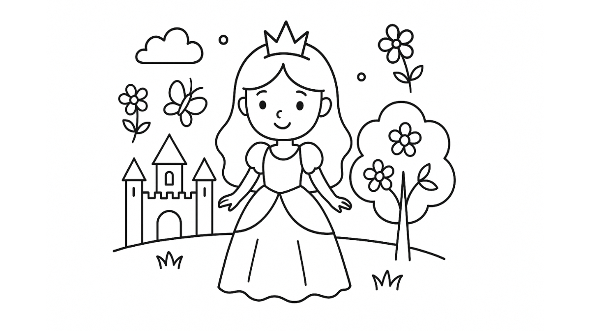 A smiling princess stands in front of a castle with flowers, a tree, and a butterfly.