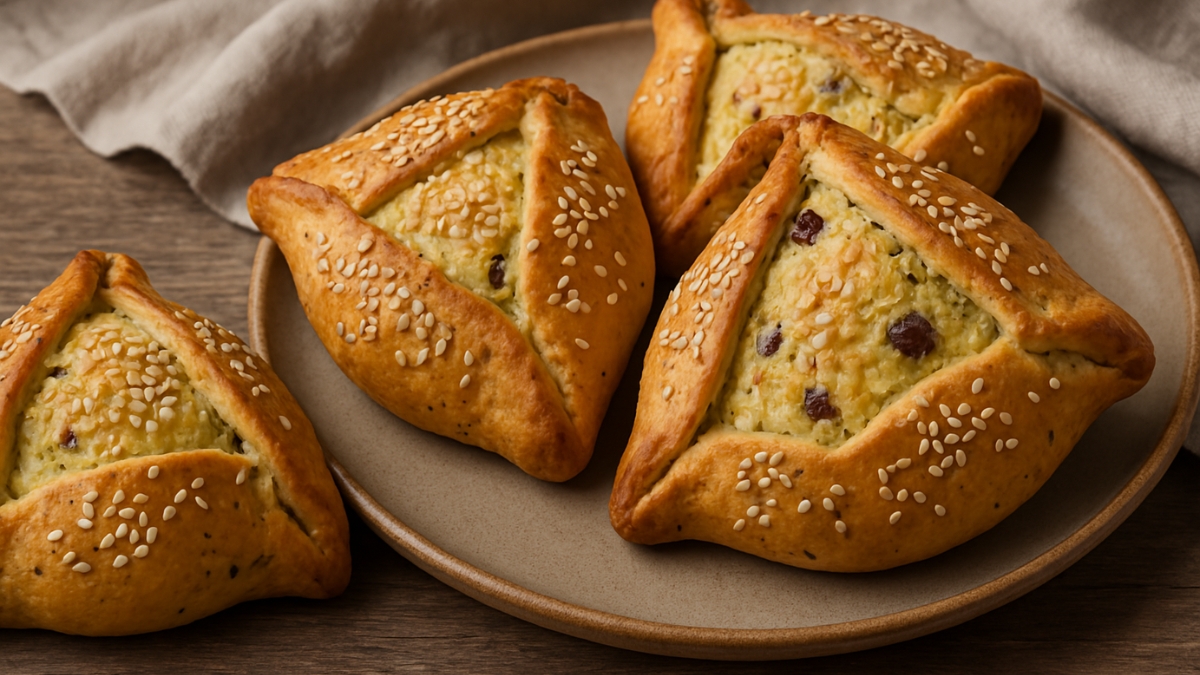 Golden Easter pastries filled with cheese and raisins, topped with sesame seeds, arranged on a ceramic plate.