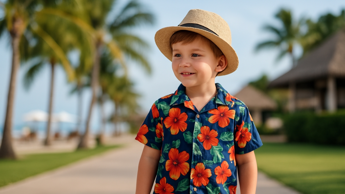 Young boy in a flowered shirt and straw hat walking along a tropical beachside path lined with palm trees.