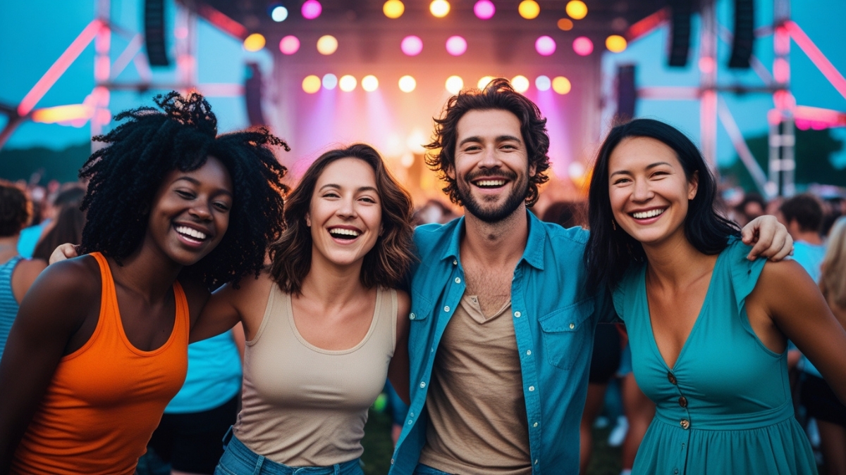 Four smiling friends pose arm in arm in front of a colorful outdoor concert stage.