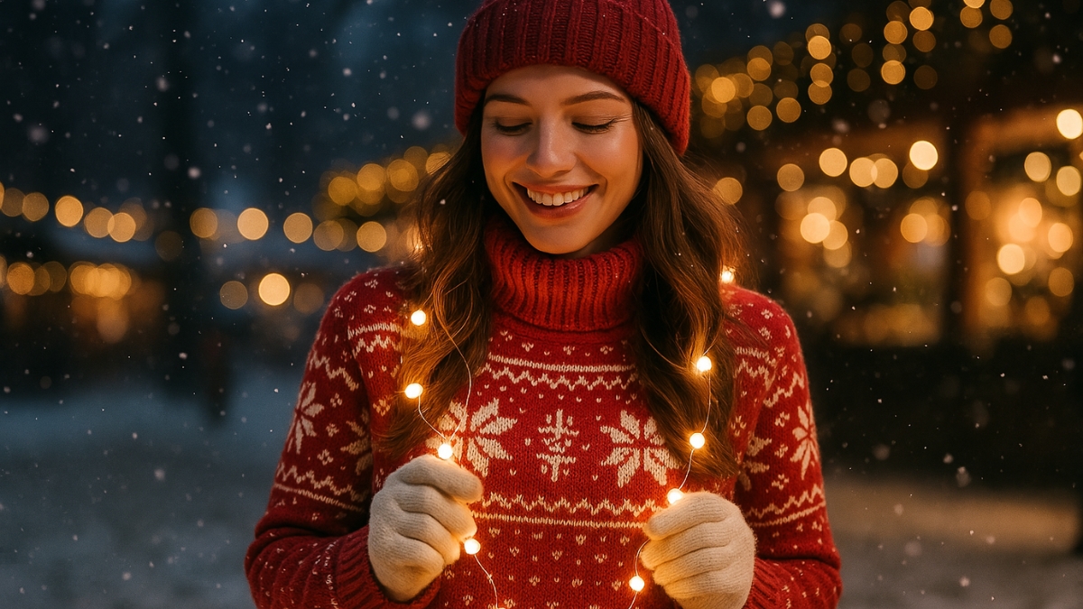 Woman in red sweater and hat smiles while holding glowing string lights in a snowy outdoor Christmas market