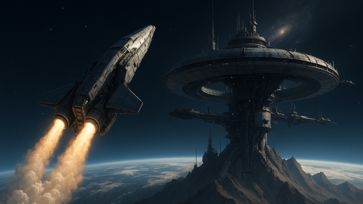 A large spaceship blasts off near a massive circular space station above a rocky planetary surface.