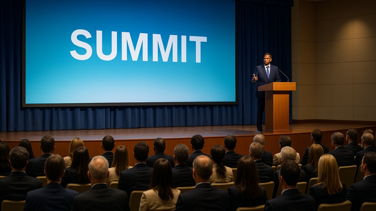 Man in suit speaks at podium during summit in front of audience and large screen with blue background