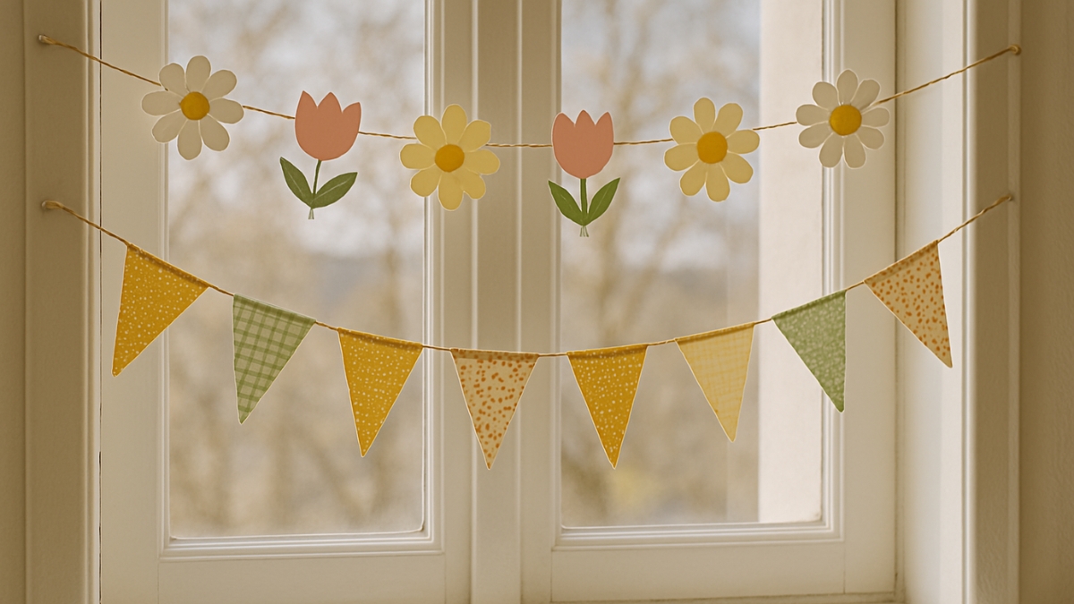 Colorful flower and pennant garlands hang across a sunlit window, creating cheerful spring-themed decor.