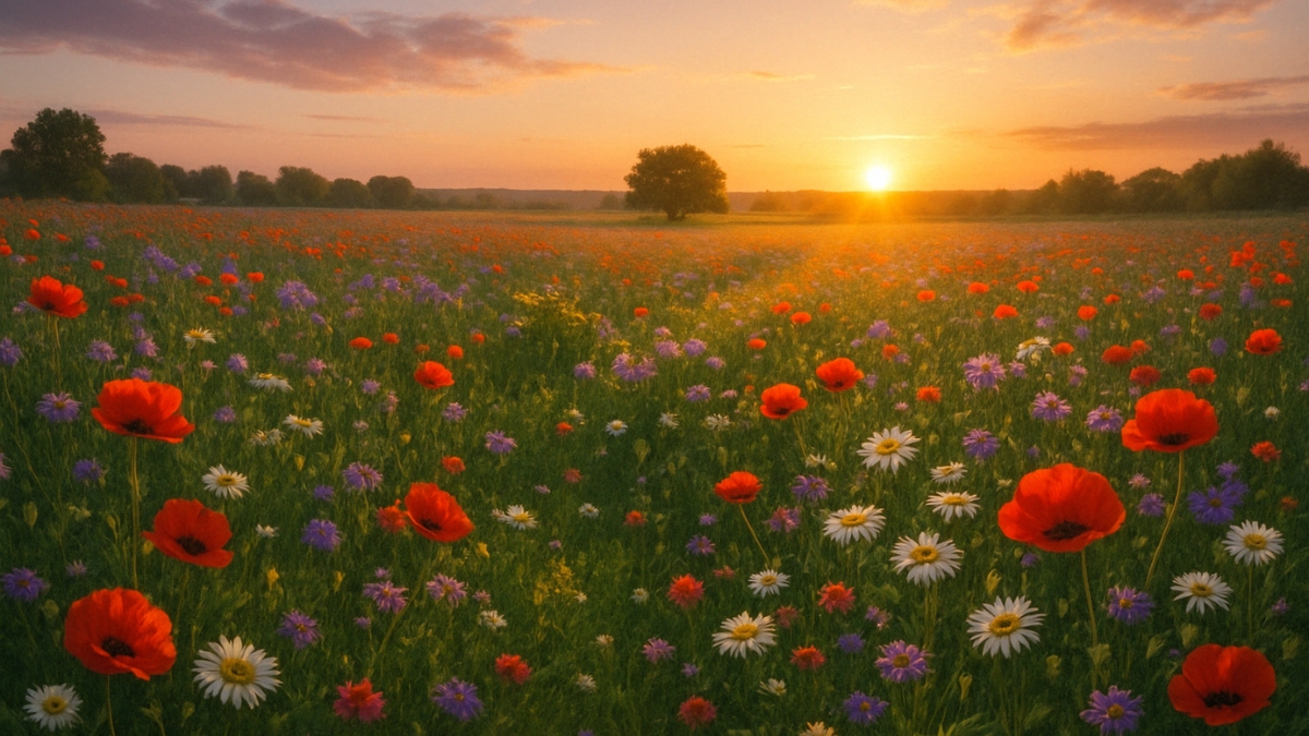 A field of wildflowers with red poppies and daisies glows under a vibrant sunset.