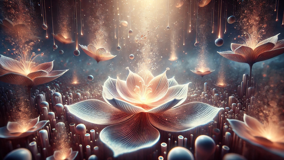 Glowing flowers float above surreal terrain, illuminated by magical light with sparkling particles and soft mist.