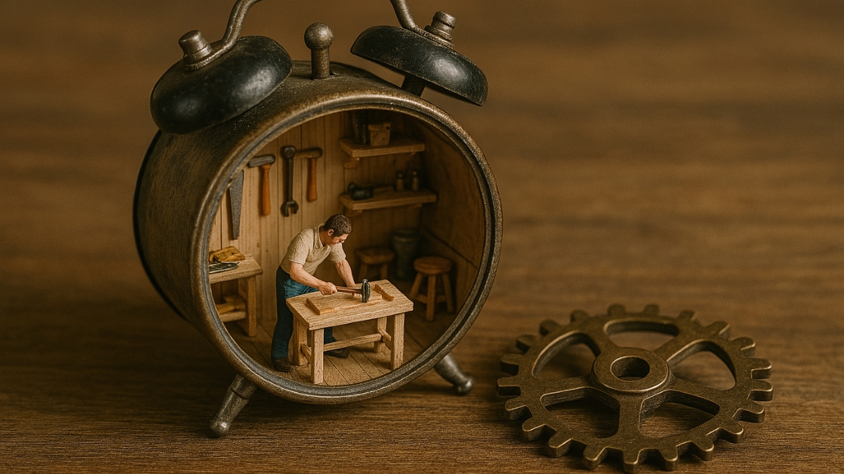 A miniature carpenter works at a wooden table inside a hollow vintage alarm clock.