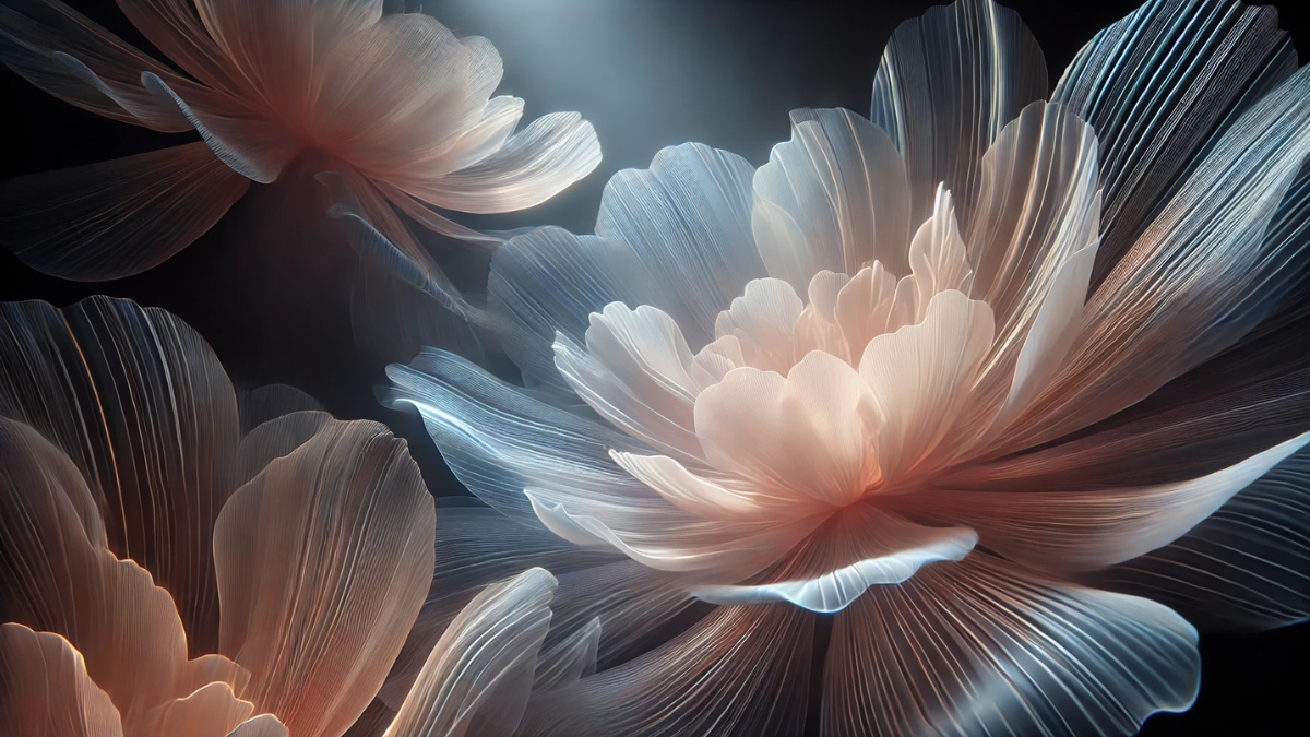 Delicate translucent flower petals glow softly under diffused light, revealing fine textures and elegant forms.