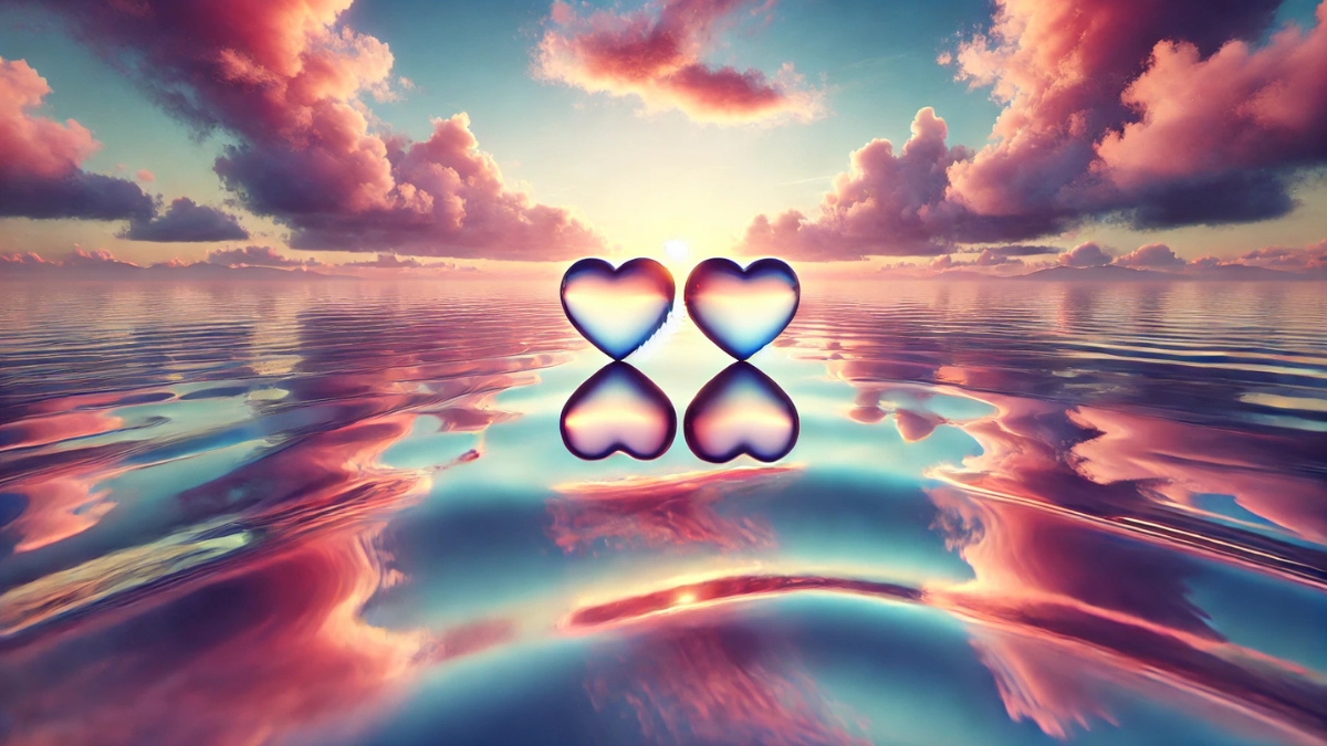 Two glowing heart shapes reflected on still water under a vivid sunset sky with colorful clouds.
