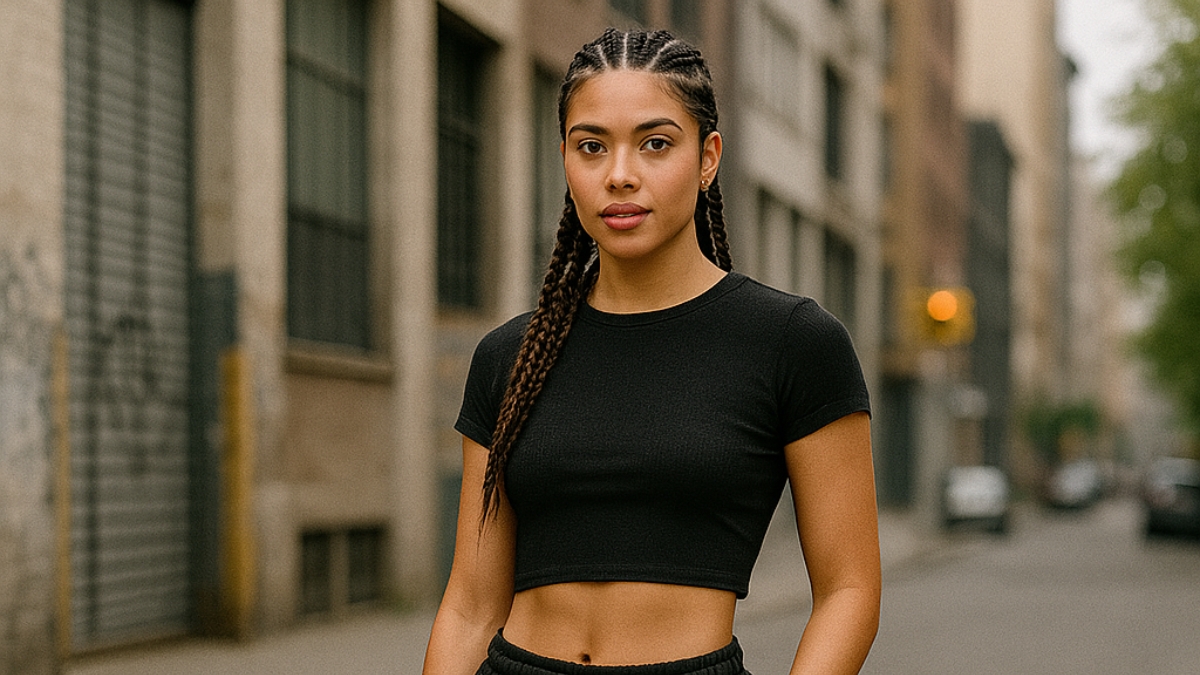 Woman wearing a black crop top and joggers with white sneakers standing on an urban street