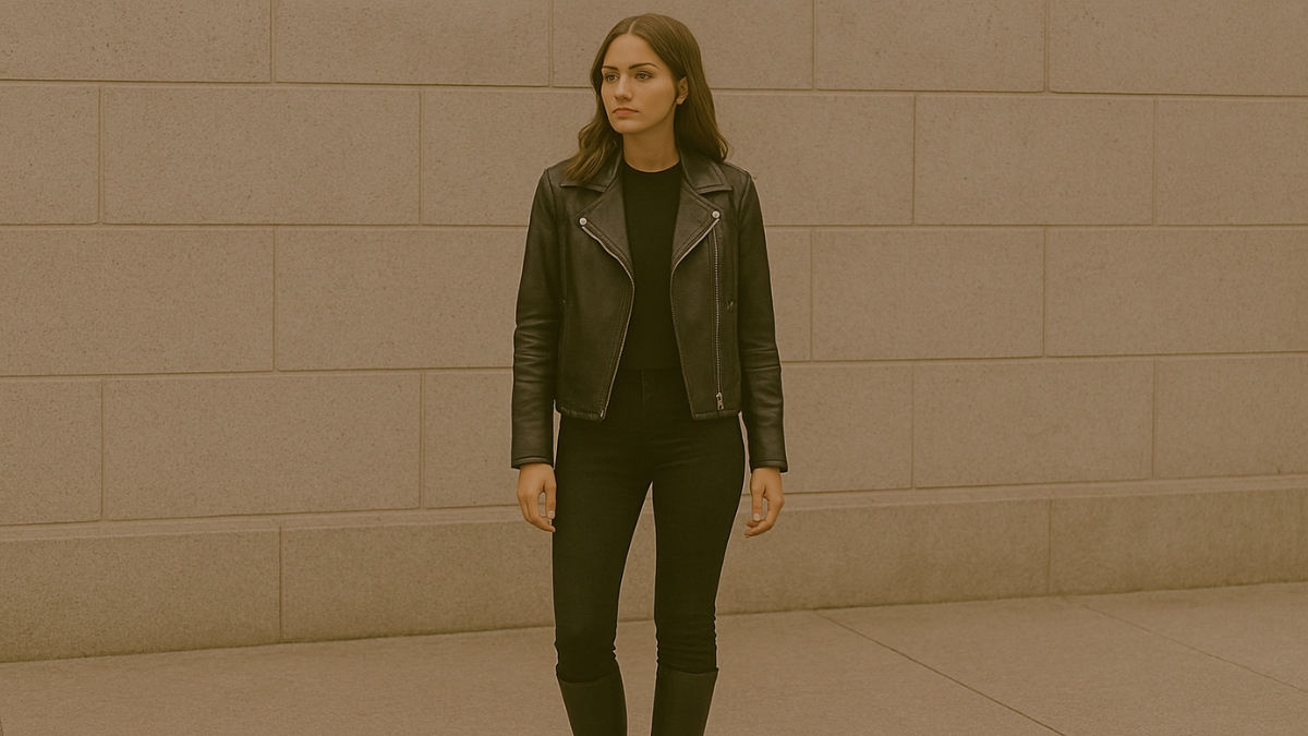 Woman in a black leather jacket, black pants, and boots standing by a stone wall