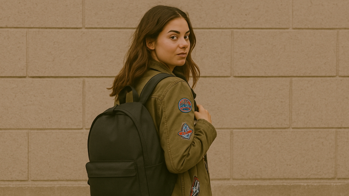 Woman wearing an olive green patch jacket and carrying a black backpack