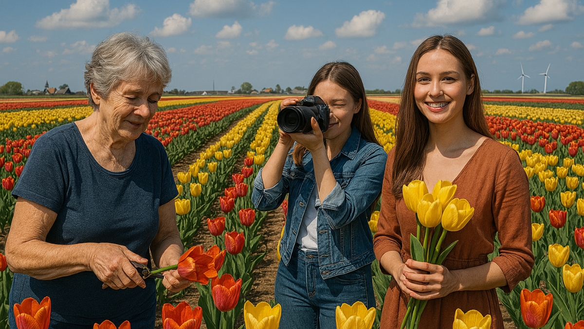 Three women in a tulip field picking flowers and taking photos