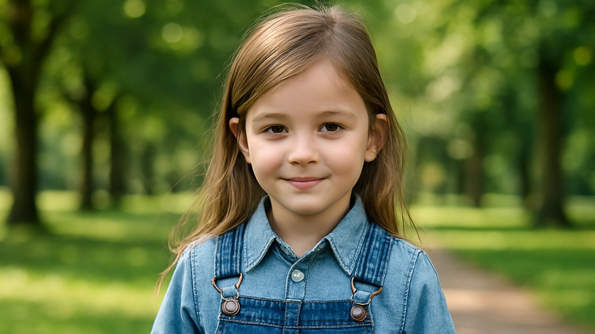 A young girl in denim overalls and a chambray shirt stands outdoors on a park path, smiling softly.