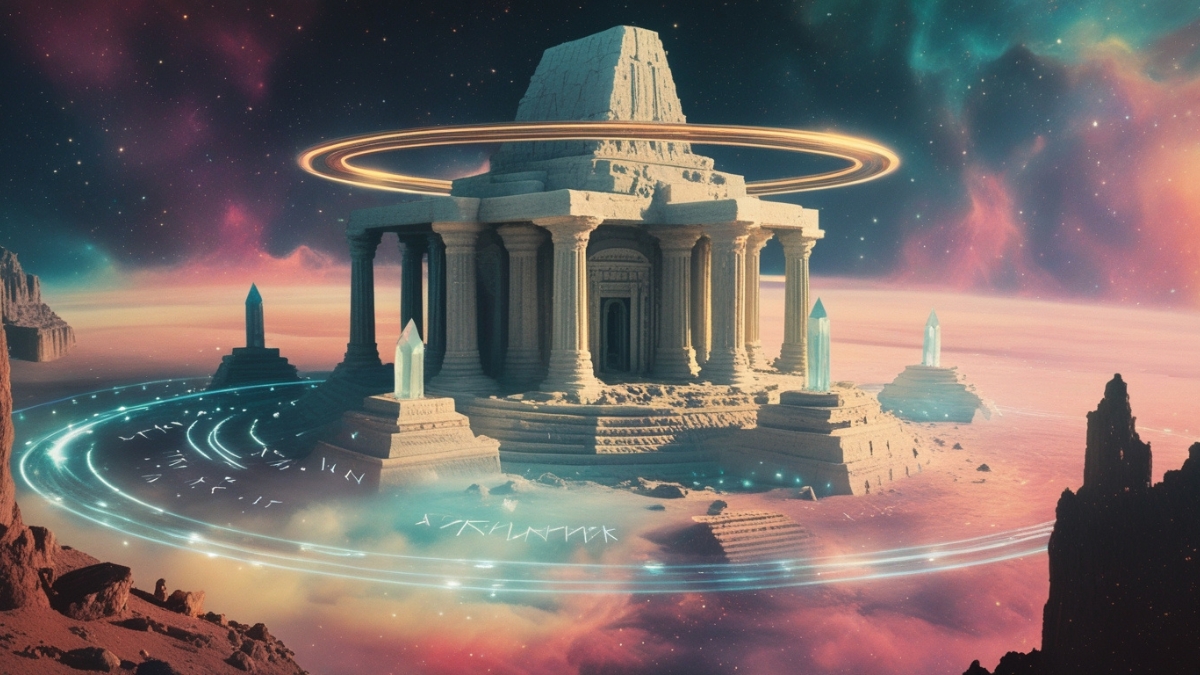 Stone temple with glowing crystals and circular rings hovering over pink clouds under a colorful starry sky.